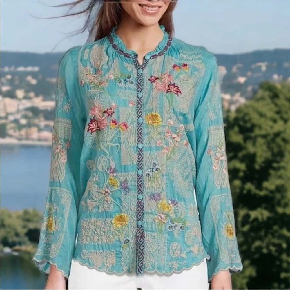 Johnny Was Allbee Blouse Womens Small S Aqua Blue Embroidered Scalloped Boho Top - Picture 3 of 11